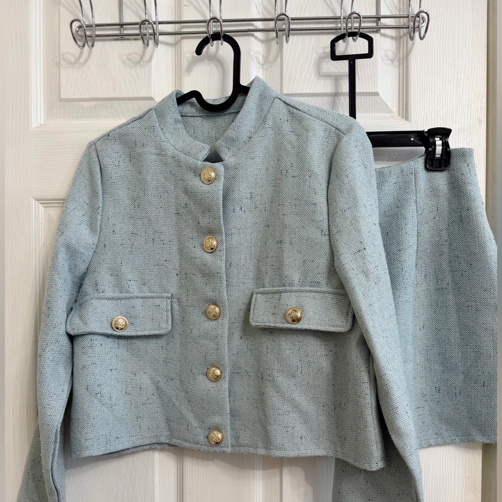 Women's Light Blue Tweed Skirt Set - Elegant Two-Piece - Picture 3 of 11
